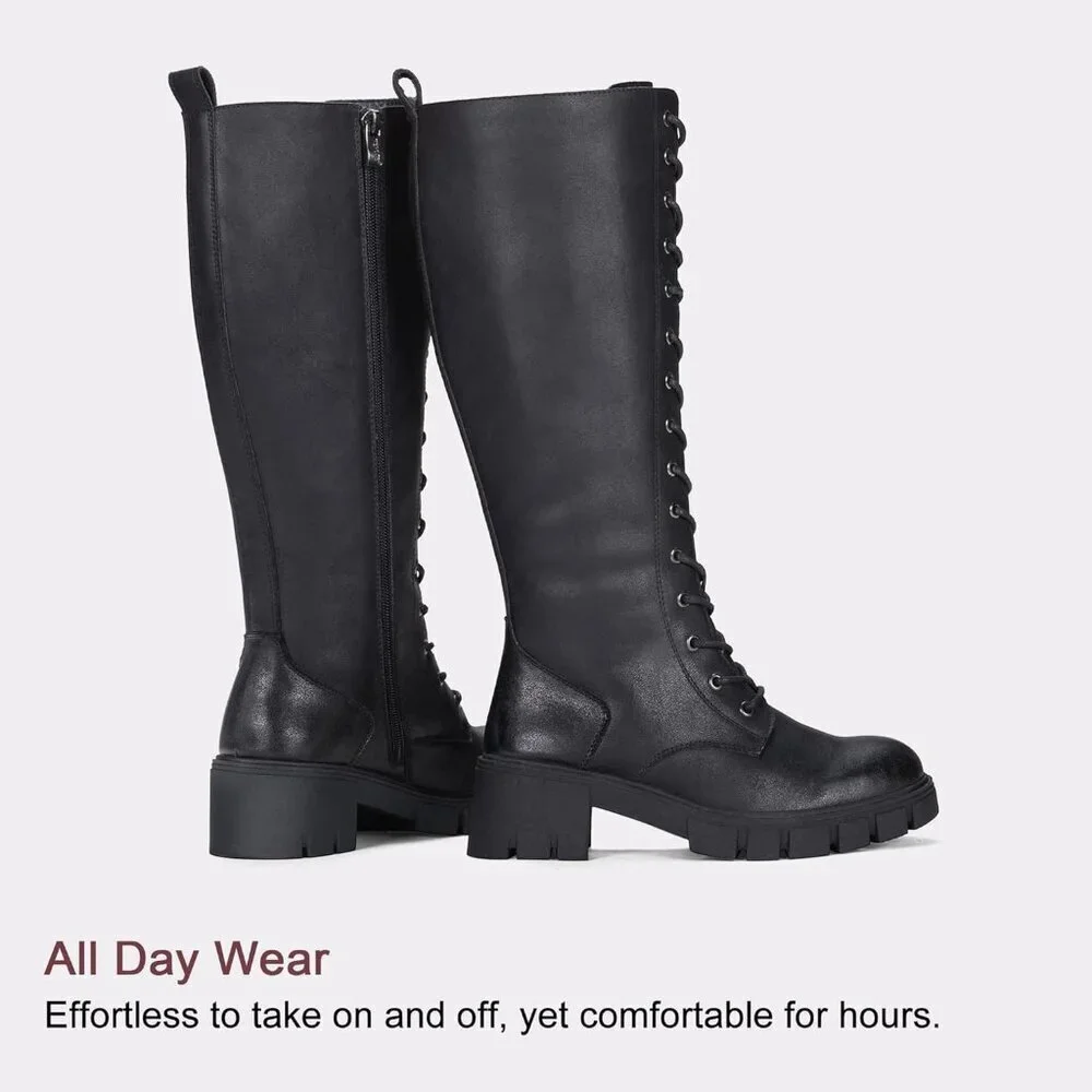 Women's Leather-black 953 Chunky Platform Heel Lace Knee High Combat Boots